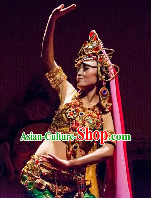 Chinese Happiness On The Way Indian Nationality Dance Dress Stage Performance Costume and Headpiece for Women