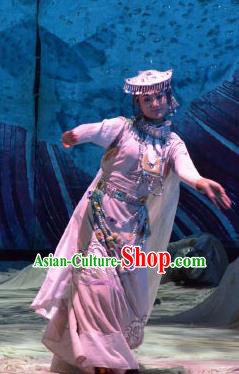 Chinese Happiness On The Way Zang Nationality Bride Dance White Dress Stage Performance Costume and Headpiece for Women