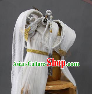 Traditional Chinese Ancient Prince White Wigs and Hairpins Cosplay Swordsman Hair Accessories Complete Set for Men