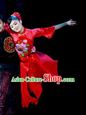 Chinese Female Embroider Classical Dance Red Dress Stage Performance Costume and Headpiece for Women