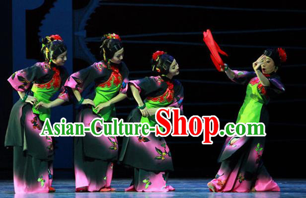 Chinese Female Embroider Folk Dance Fan Dance Dress Stage Performance Costume and Headpiece for Women
