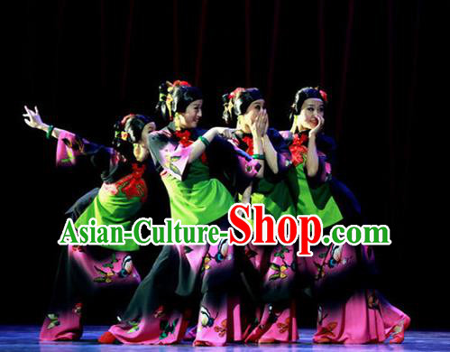 Chinese Female Embroider Folk Dance Fan Dance Dress Stage Performance Costume and Headpiece for Women
