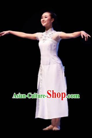 Chinese Female Embroider Classical Dance White Dress Stage Performance Costume and Headpiece for Women