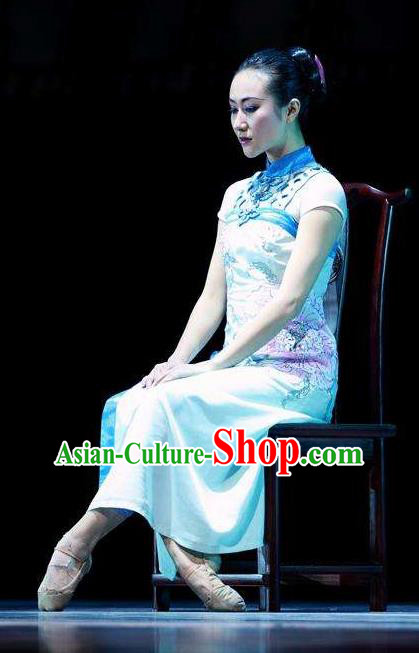 Chinese Female Embroider Classical Dance Blue Dress Stage Performance Costume and Headpiece for Women