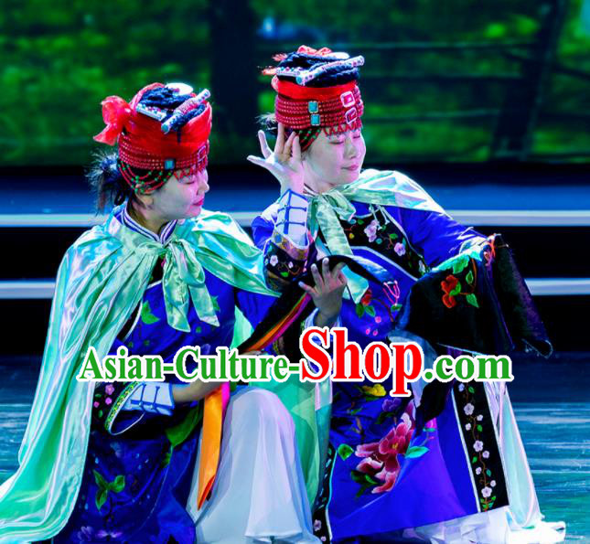 Chinese Prairie Female Embroider Mongol Nationality Dance Blue Dress Stage Performance Costume and Headpiece for Women