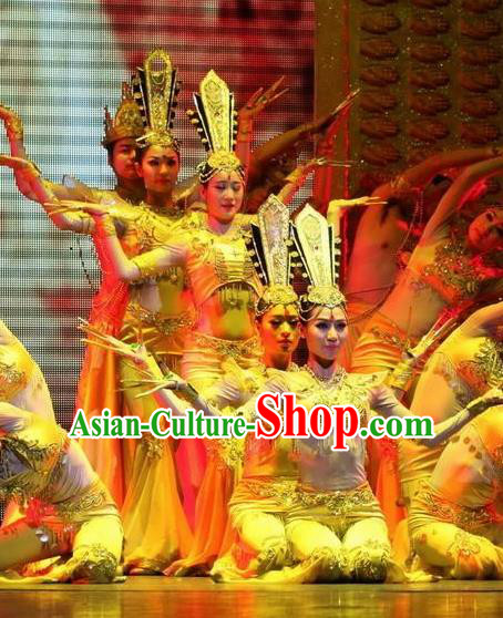 Chinese Night Of West Lake Classical Dance Thousand Hand Kwan Yin Dress Stage Performance Costume and Headpiece for Women