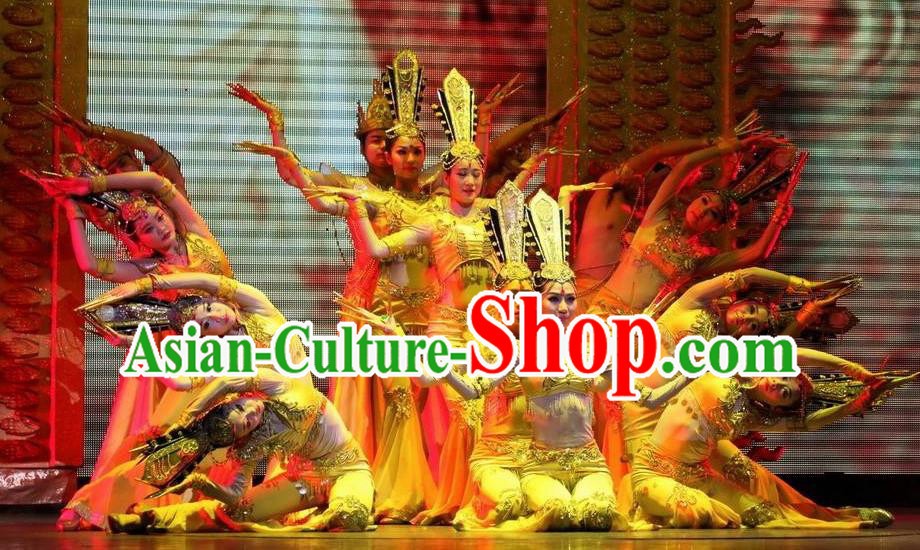 Chinese Night Of West Lake Classical Dance Thousand Hand Kwan Yin Dress Stage Performance Costume and Headpiece for Women