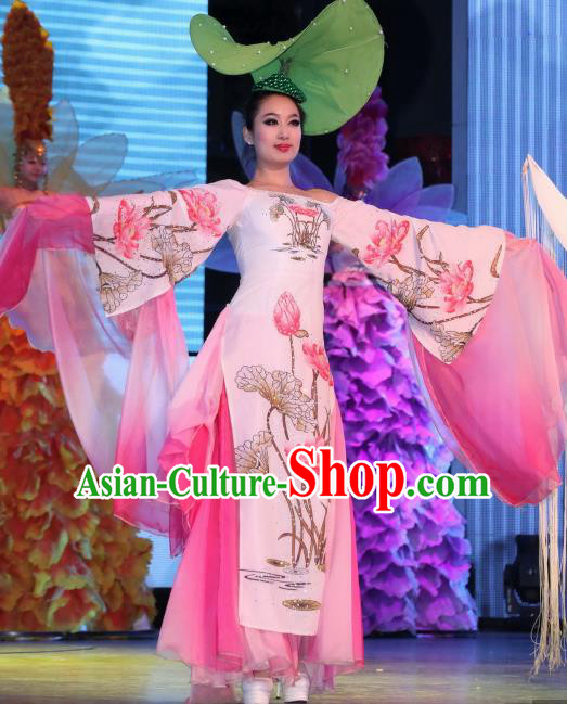 Chinese Night Of West Lake Classical Lotus Flower Dance Pink Dress Stage Performance Costume and Headpiece for Women