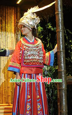 Chinese Ayiduo Miao Nationality Dance Red Dress Stage Performance Costume and Headpiece for Women