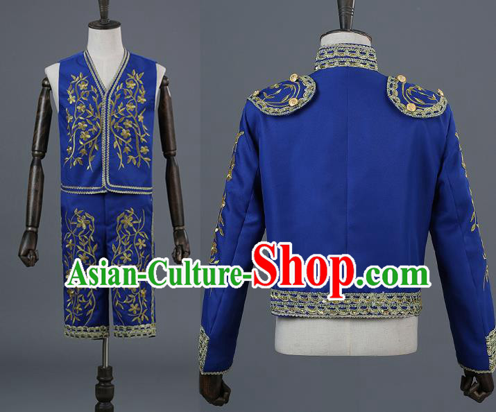 Traditional European Prince Costumes Spanish Court Royalblue Clothing for Men
