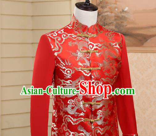Traditional Chinese Tang Suit Costumes Wedding Dragon Red Overcoat for Men