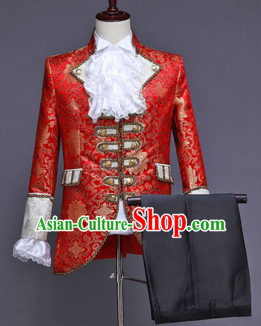 Traditional European Prince Red Costumes Spanish Court Stage Show Clothing for Men