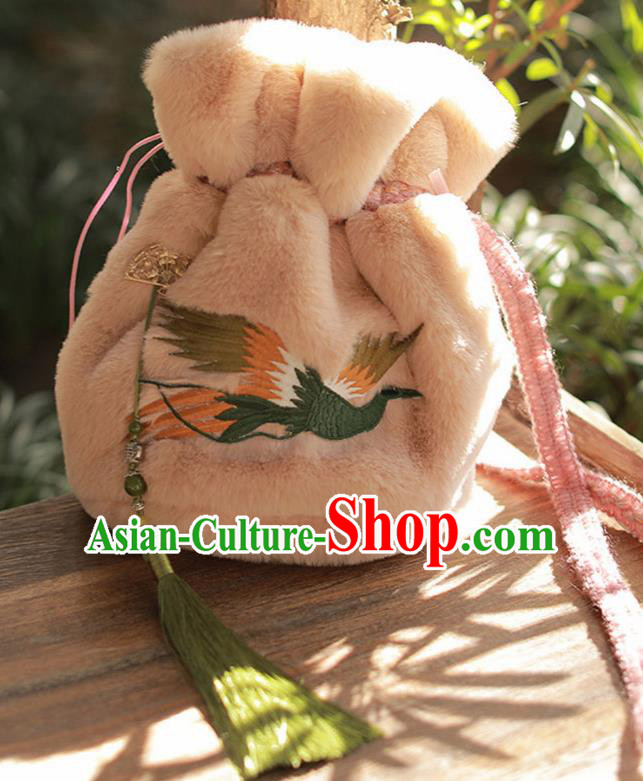 Traditional Chinese Ancient Termofor Embroidered Crane Pink Bag