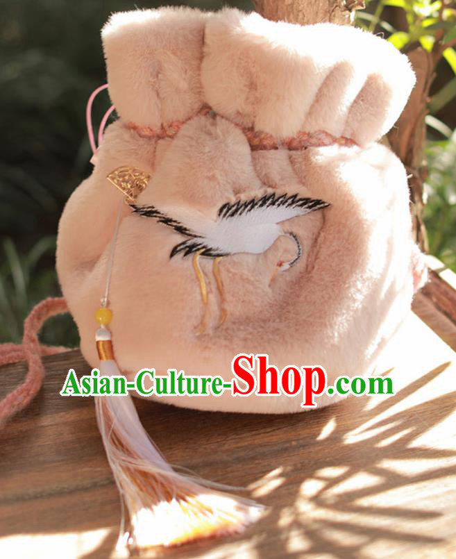 Traditional Chinese Ancient Termofor Embroidered Crane Light Pink Bag