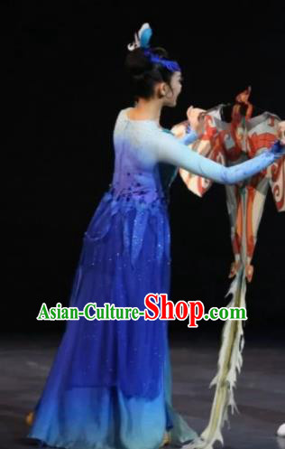 Chinese Zhaojun Chu Sai Mongol Nationality Blue Dress Stage Performance Dance Costume and Headpiece for Women