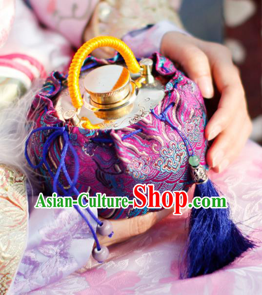 Traditional Chinese Ancient Termofor Cover Wave Pattern Purple Brocade Bag