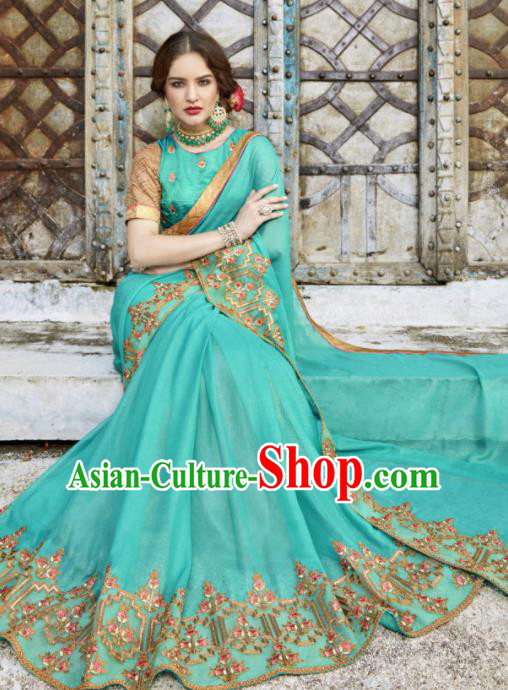 Asian India Traditional Costume Indian Bollywood Embroidered Green Sari Dress for Women