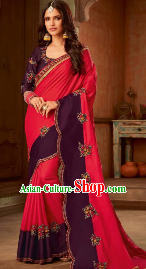 Asian India Traditional Costume Indian Bollywood Embroidered Rosy Silk Sari Dress for Women