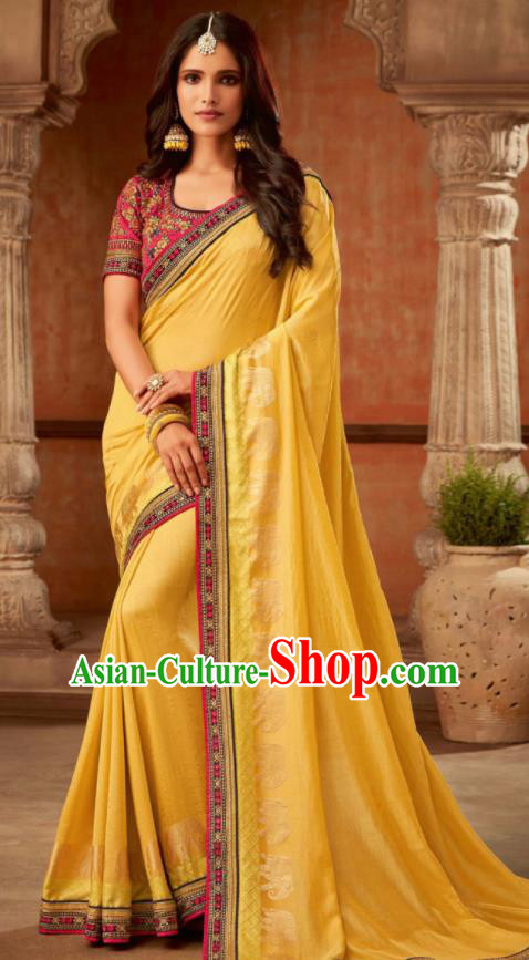 Asian India Traditional Costume Indian Bollywood Embroidered Yellow Silk Sari Dress for Women
