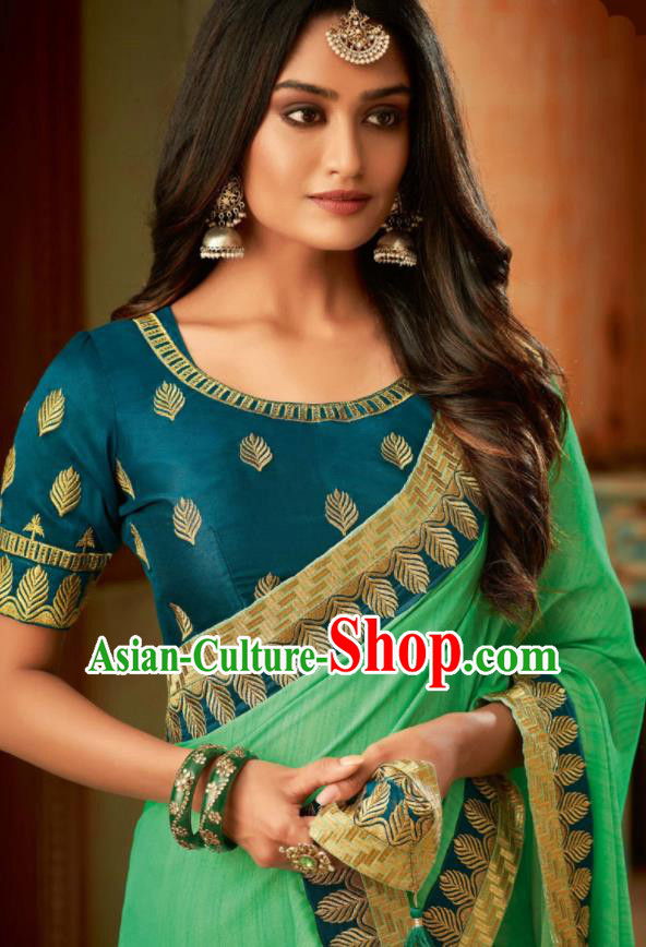 Asian India Traditional Costume Indian Bollywood Embroidered Light Green Silk Sari Dress for Women