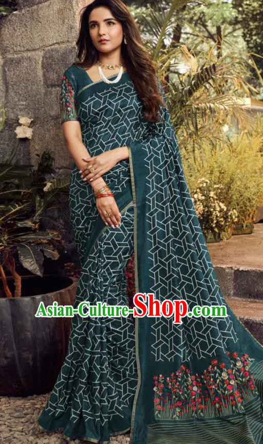 Asian India Traditional Sari Costumes Indian Bollywood Embroidered Peacock Green Silk Dress for Women