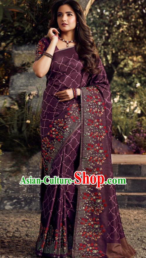 Asian India Traditional Sari Costumes Indian Bollywood Embroidered Purple Silk Dress for Women
