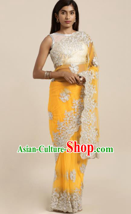 Asian Indian Bollywood Embroidered Yellow Dress India Traditional Sari Costumes for Women