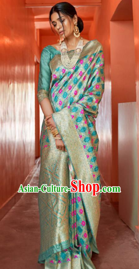 Asian Indian Bollywood Printing Green Silk Dress India Traditional Sari Costumes for Women