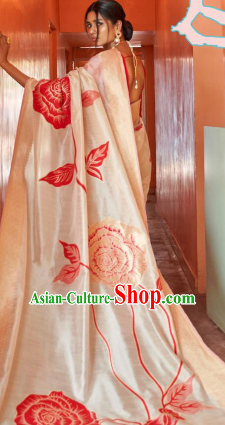 Asian Indian Bollywood Printing Rose Champagne Silk Dress India Traditional Sari Costumes for Women