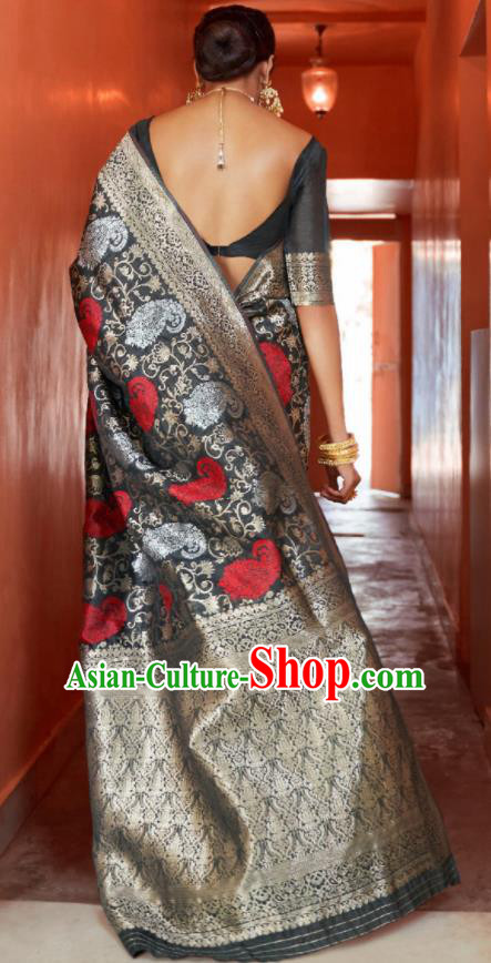 Asian Indian Bollywood Printing Black Silk Dress India Traditional Sari Costumes for Women