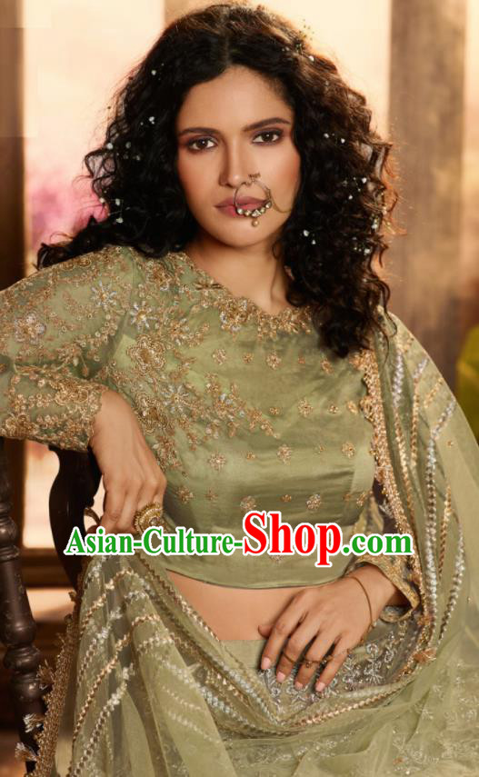 Asian Indian Bollywood Lehenga Light Green Embroidered Dress India Traditional Costumes for Women