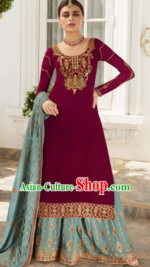 Asian Indian Bride Embroidered Wine Red Blouse and Blue Skirt India Traditional Lehenga Choli Costumes Complete Set for Women