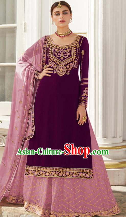 Asian Indian Bride Embroidered Purple Blouse and Skirt India Traditional Lehenga Choli Costumes Complete Set for Women