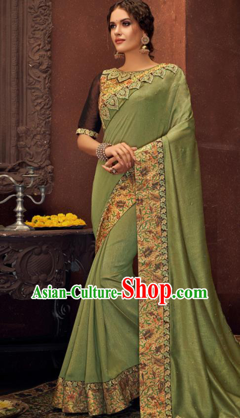 Asian Indian Court Green Silk Embroidered Sari Dress India Traditional Bollywood Costumes for Women