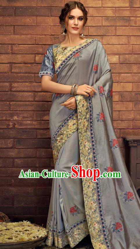 Asian Indian Court Grey Blue Silk Embroidered Sari Dress India Traditional Bollywood Costumes for Women