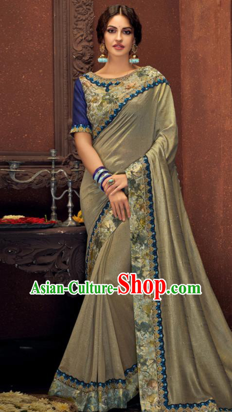 Asian Indian Court Light Grey Silk Embroidered Sari Dress India Traditional Bollywood Costumes for Women