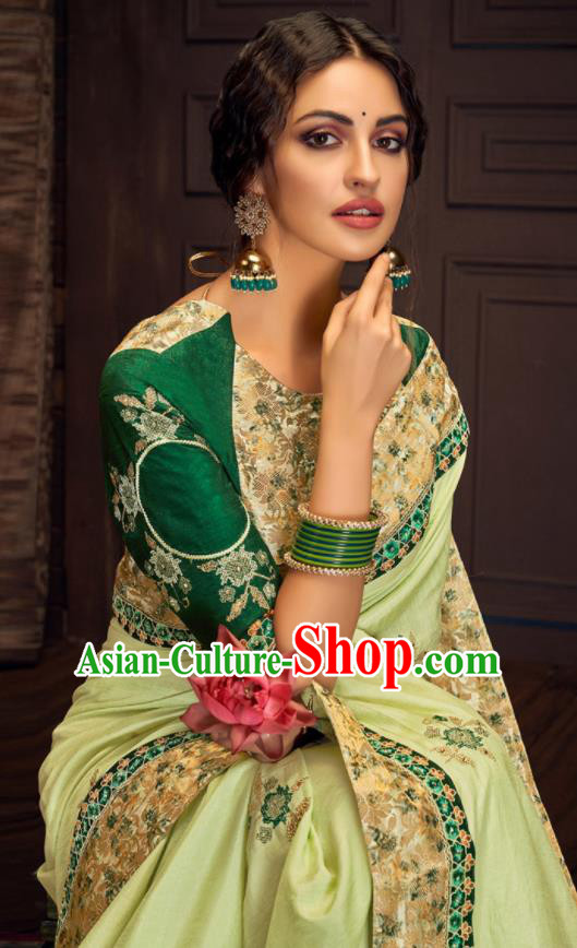 Asian Indian Court Light Green Silk Embroidered Sari Dress India Traditional Bollywood Costumes for Women