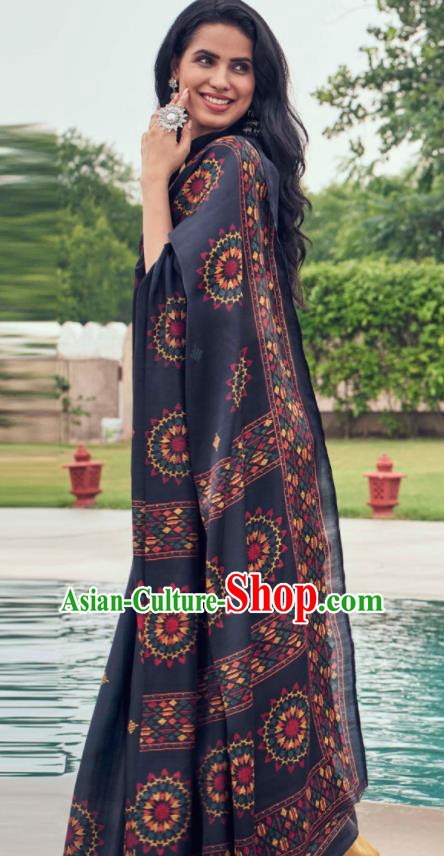 Asian Indian Court Black Tussar Silk Sari Dress India Traditional Bollywood Costumes for Women