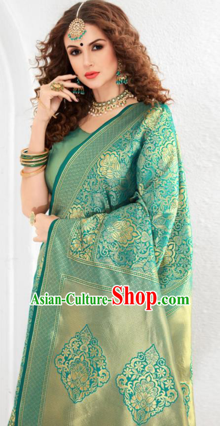 Asian Indian Court Green Silk Sari Dress India Traditional Bollywood Costumes for Women