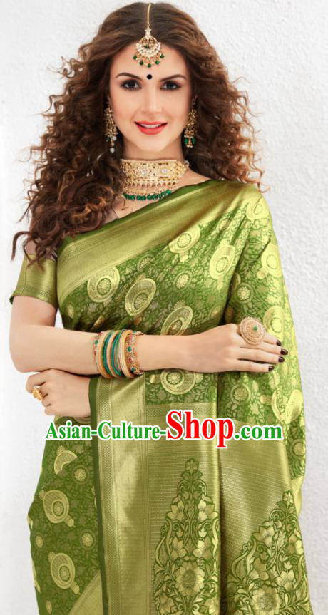 Asian Indian Court Olive Green Silk Sari Dress India Traditional Bollywood Costumes for Women