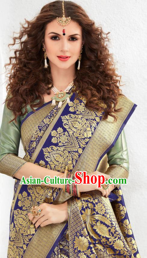 Asian Indian Court Royalblue Silk Sari Dress India Traditional Bollywood Costumes for Women