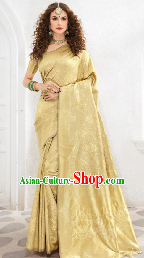Asian Indian Court Golden Silk Sari Dress India Traditional Bollywood Costumes for Women