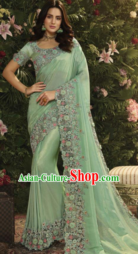 Asian Indian Court Princess Light Green Embroidered Satin Sari Dress India Traditional Bollywood Costumes for Women