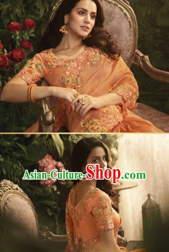 Asian Indian Court Princess Orange Embroidered Satin Sari Dress India Traditional Bollywood Costumes for Women