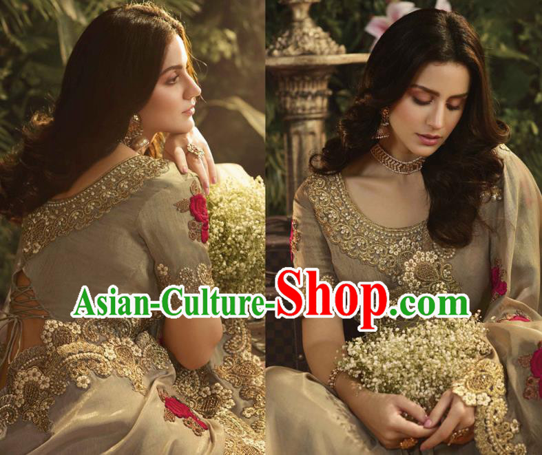 Asian Indian Court Princess Khaki Embroidered Satin Sari Dress India Traditional Bollywood Costumes for Women