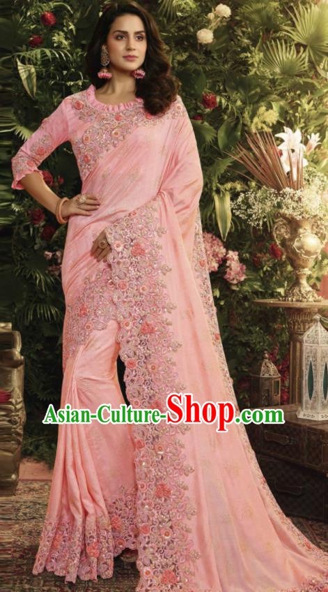 Asian Indian Court Princess Pink Embroidered Satin Sari Dress India Traditional Bollywood Costumes for Women