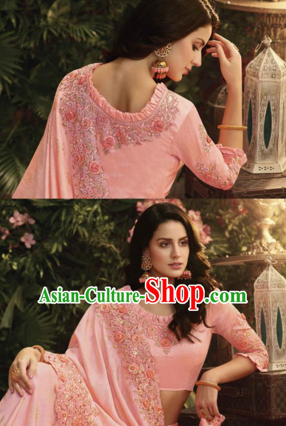 Asian Indian Court Princess Pink Embroidered Satin Sari Dress India Traditional Bollywood Costumes for Women