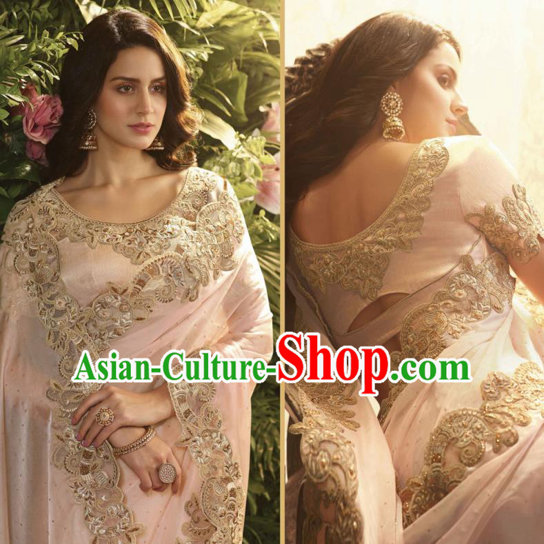 Asian Indian Court Princess Light Pink Embroidered Satin Sari Dress India Traditional Bollywood Costumes for Women
