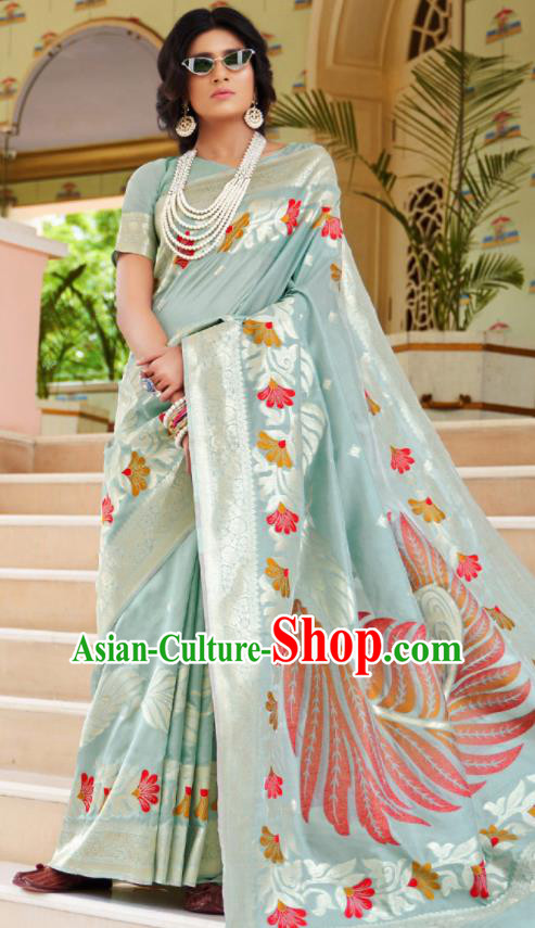 Asian Indian Court Light Blue Silk Sari Dress India Traditional Bollywood Princess Costumes for Women