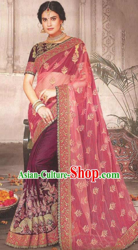 Asian Indian Court Purple Art Silk Embroidered Sari Dress India Traditional Bollywood Princess Costumes for Women